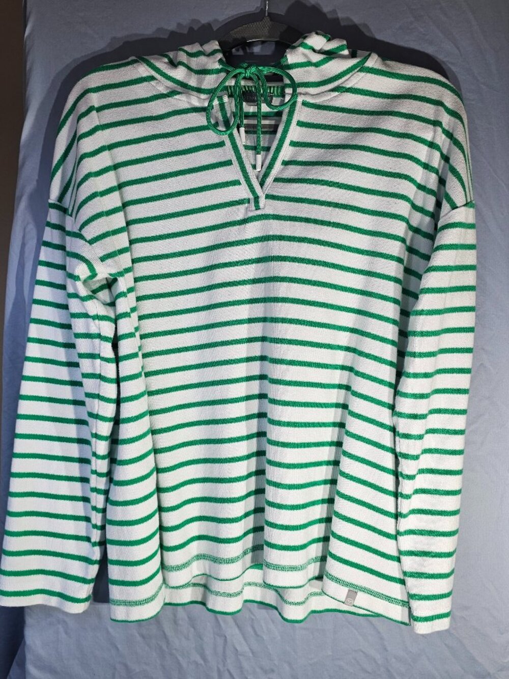 Talbots Womens Green White Striped Waffle Knit Hoodie Top Pullover Large L T&T